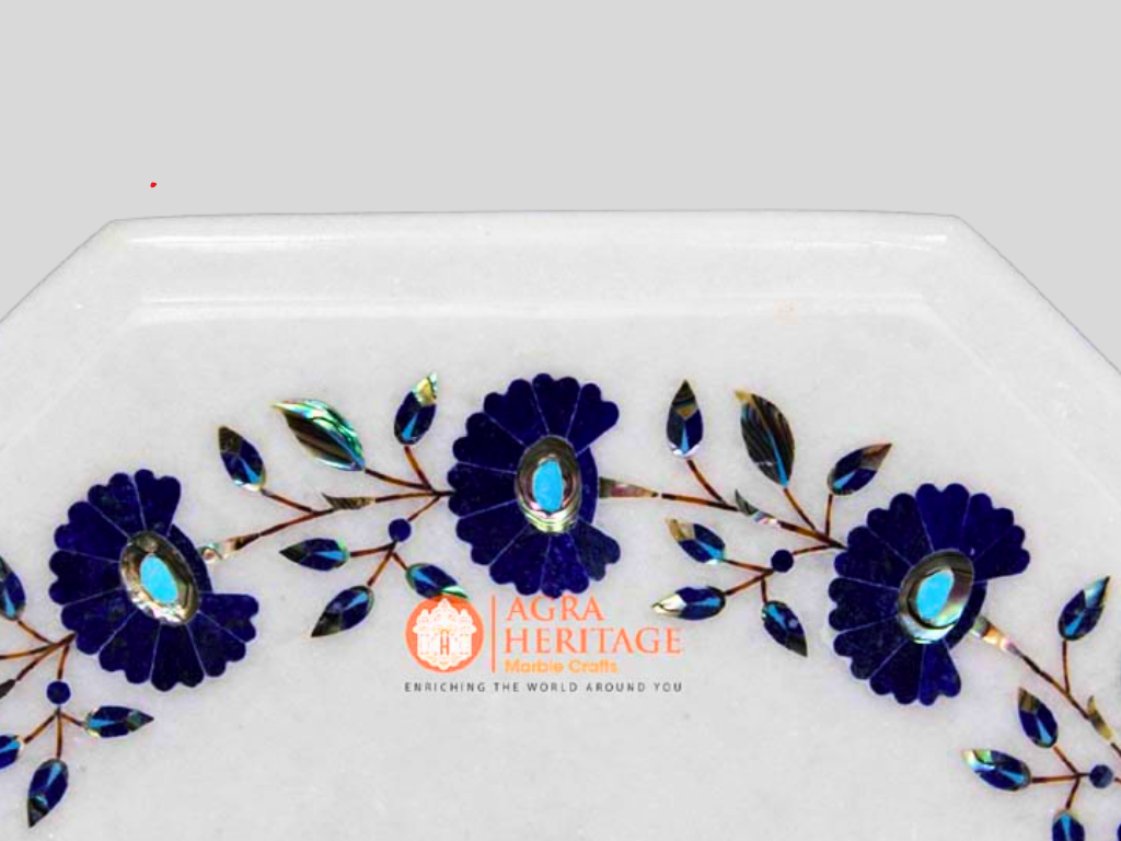 White Marble Lapis Inlaid Floral Work Cafeteria Table Top